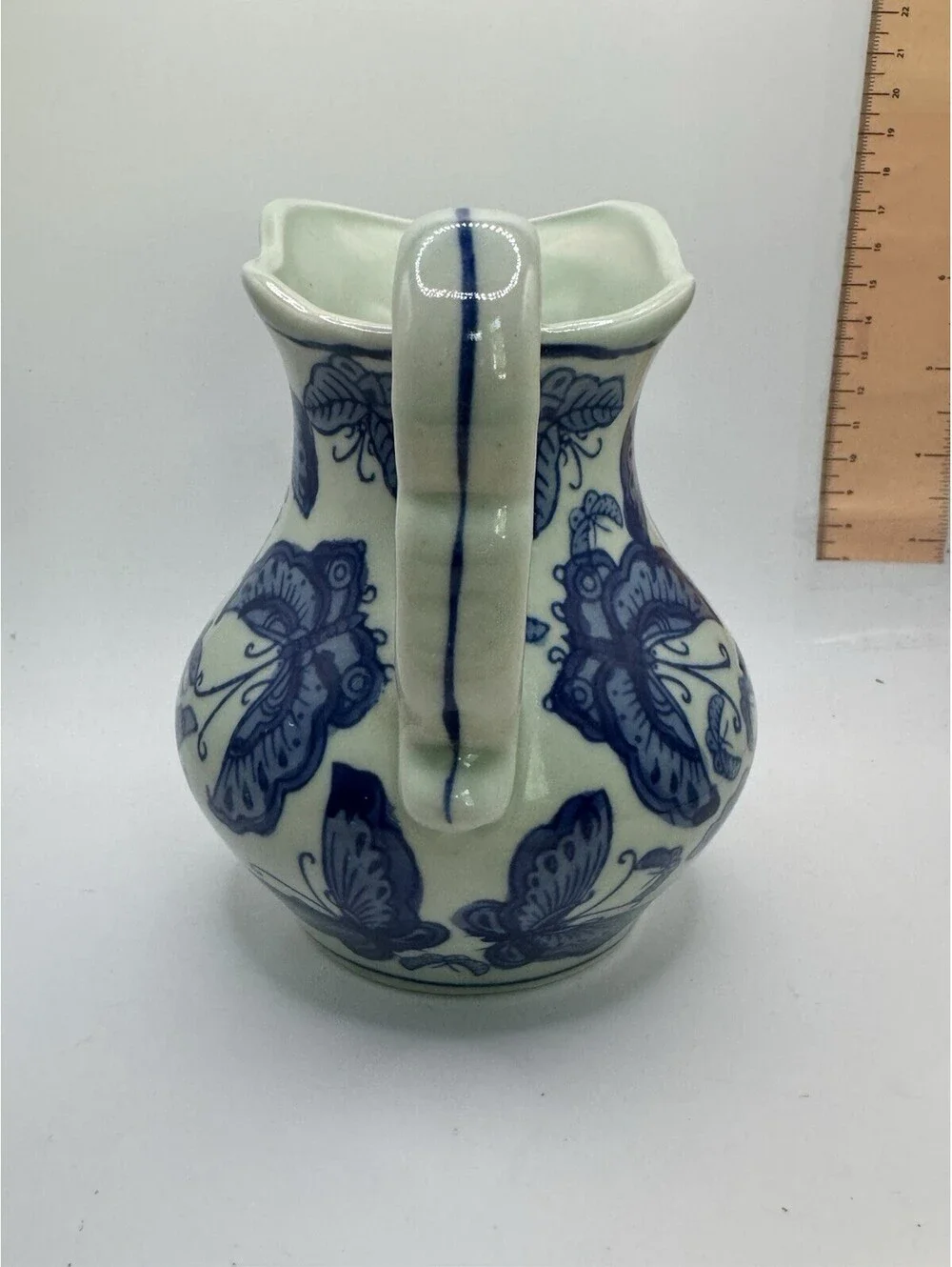 Stoneware - Blue & Beige Butterfly Pitcher, 5.25